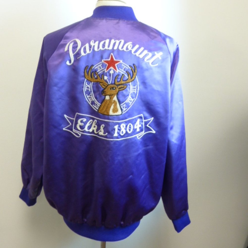 Vintage PARAMOUNT ELKS purple satin moto bomber bowling jacket elk Mr Mort XL